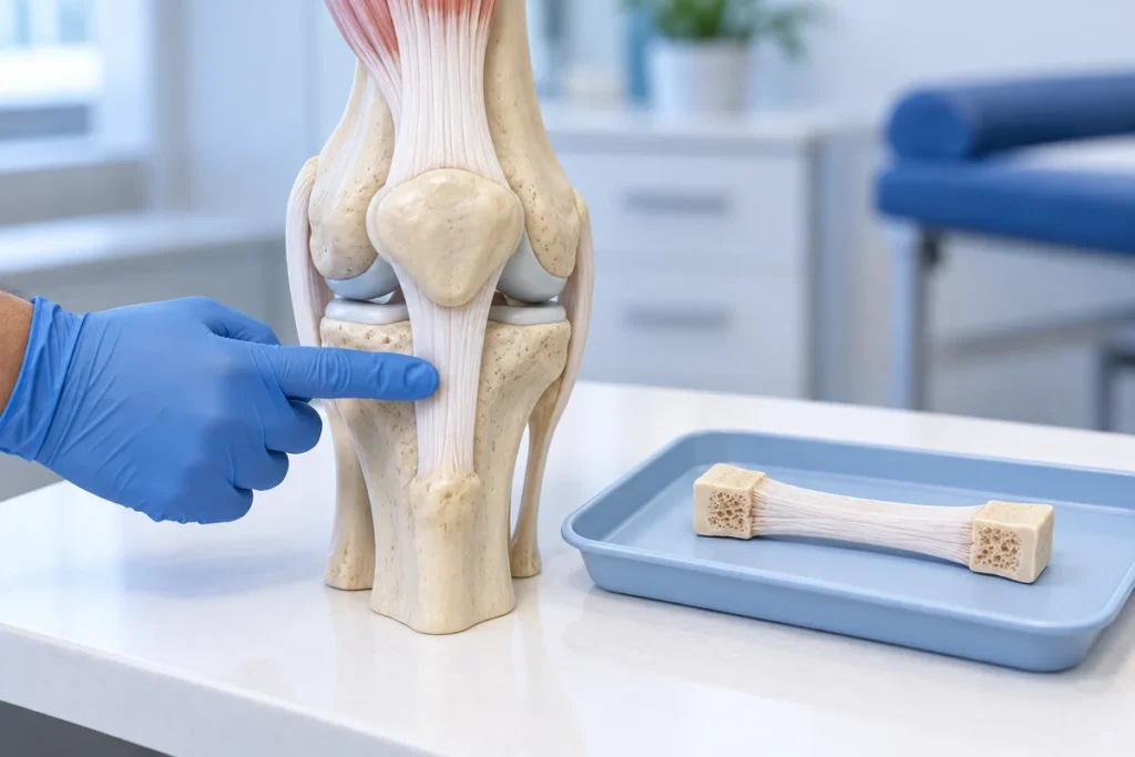 Mô hình gân bánh chè phía dưới xương bánh chè và mảnh ghép BPTB có hai khối xương ở hai đầu