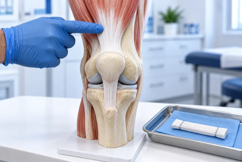 Mô hình gân cơ tứ đầu đùi phía trên xương bánh chè và mảnh ghép dùng trong tái tạo ACL