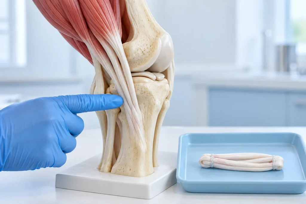 Mô hình gân kheo ở mặt trong khớp gối và mảnh ghép gân mô mềm gấp nhiều nhánh