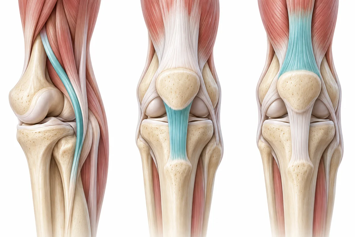 Minh họa vị trí gân kheo, gân bánh chè và gân cơ tứ đầu đùi dùng làm mảnh ghép tái tạo ACL