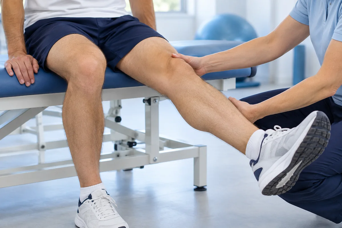 Minh họa hỗ trợ vận động khớp gối trong phục hồi chức năng sau tái tạo ACL, chỉ chụp chân và bàn tay